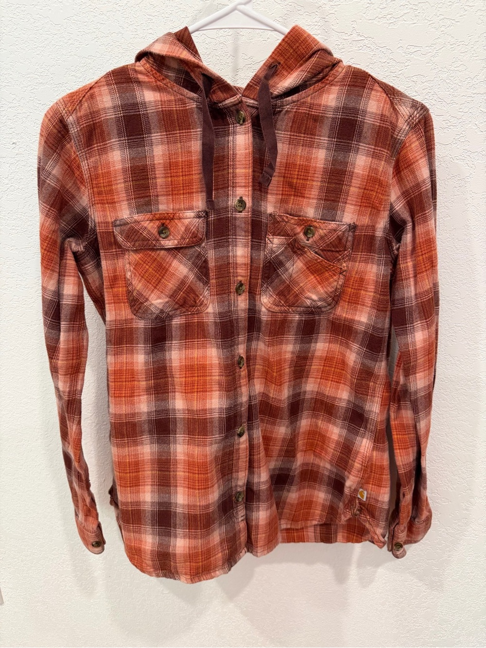 Carhartt Orange and Brown Plaid Hooded Flannel